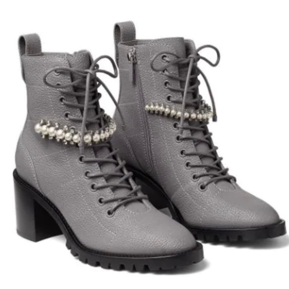 JIMMY CHOO Leather Crystal Embellishments Combat Boots